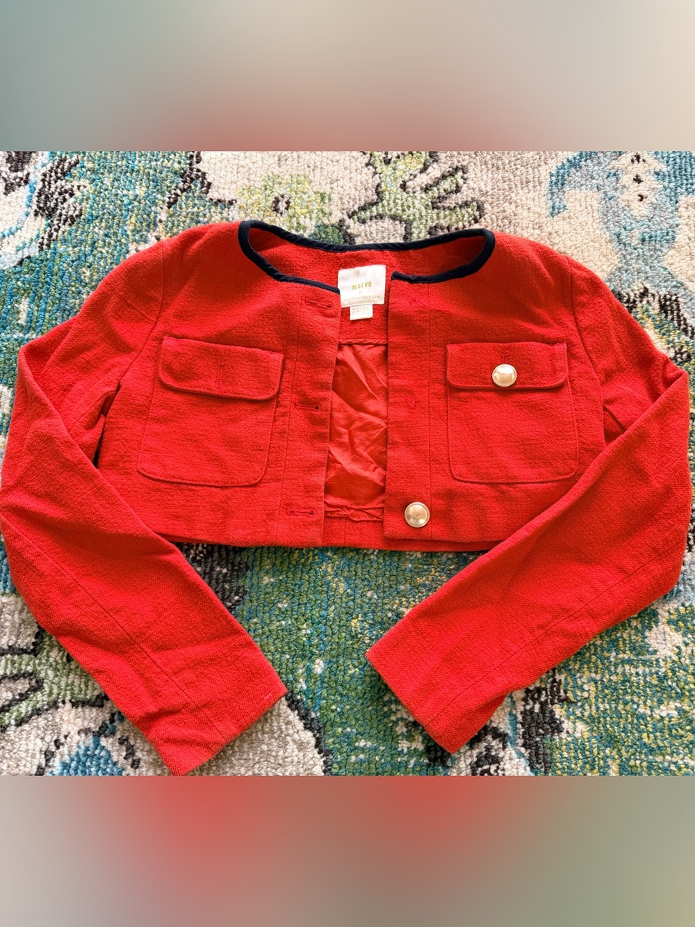 Anthropologie Maeve Red Cropped Tweed Jacket with Contrast Trim - Picture 1 of 10